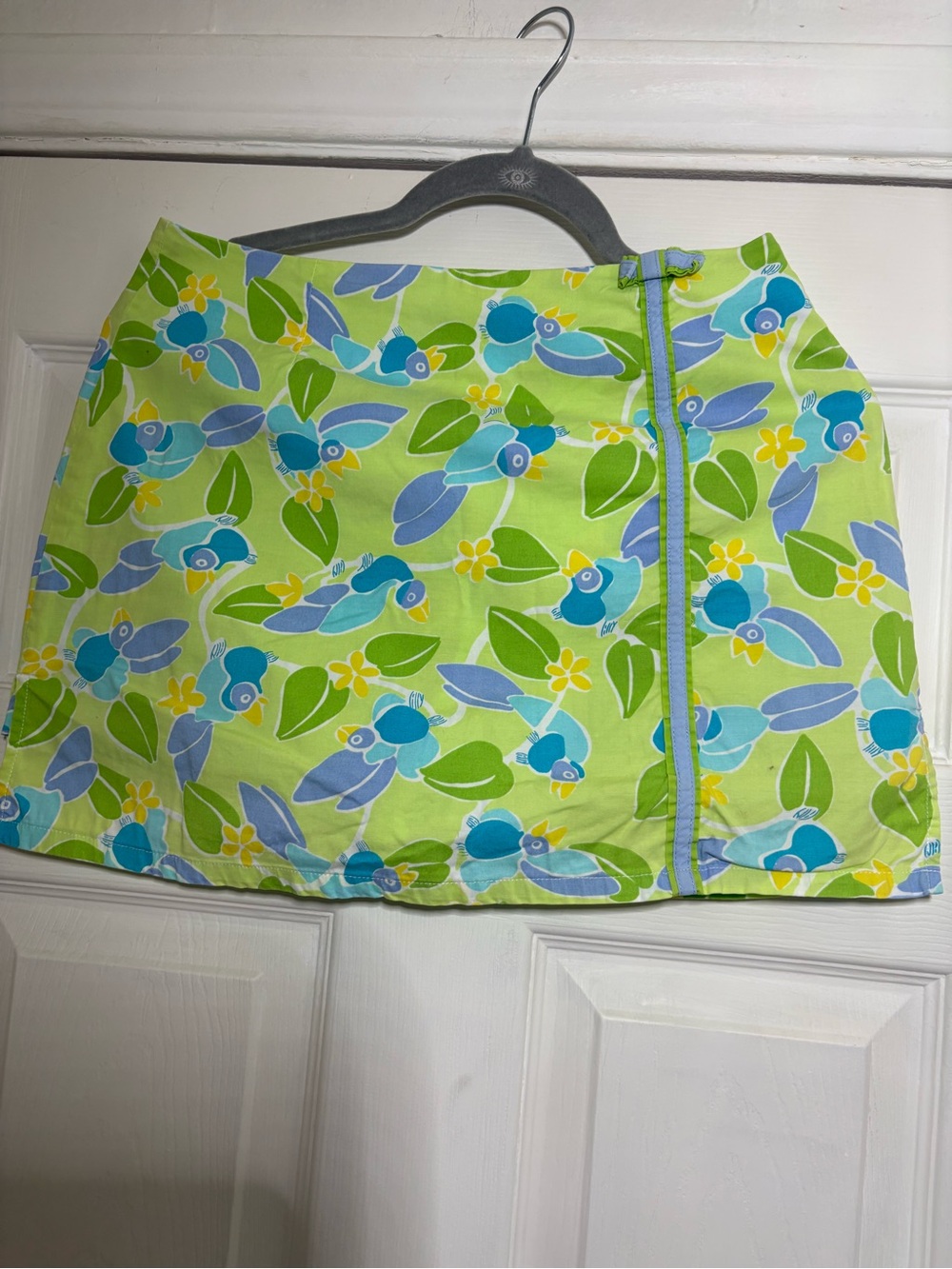 Lilly PulitzerVintage Lime Mini Skirt with Blue & Teal Parrot Print
